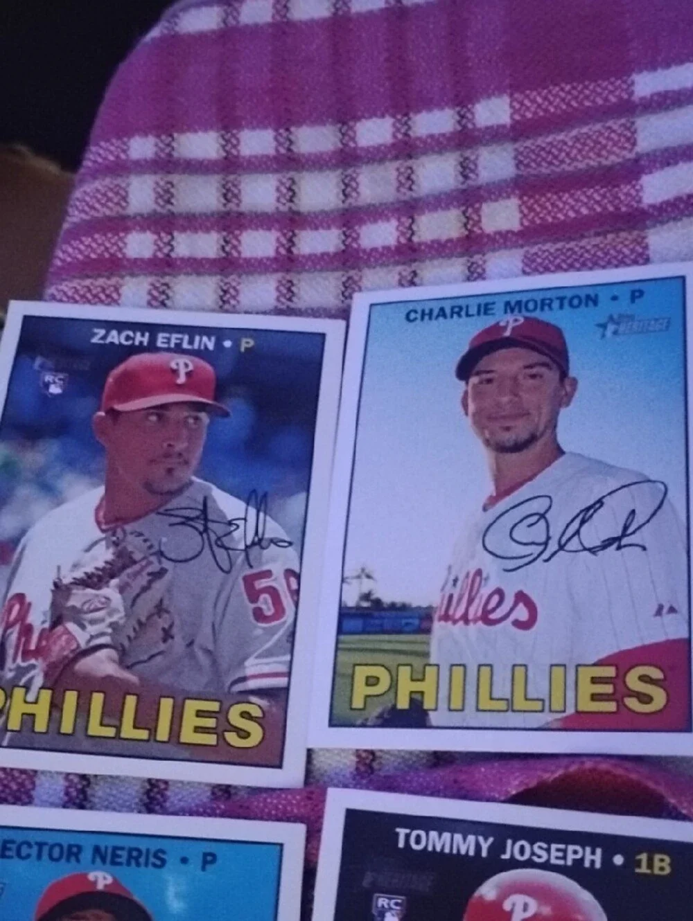 Autographed(7)Phillies Baseball Trading Card Lot - Pink and Blue Vintage Style